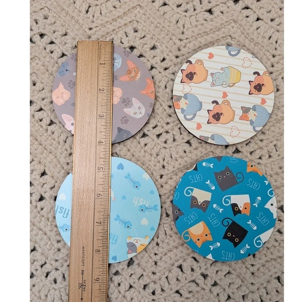 Cat Kitten Round Coaster Set of 4 Blue Purple Cream Multi Pattern New in Box‎